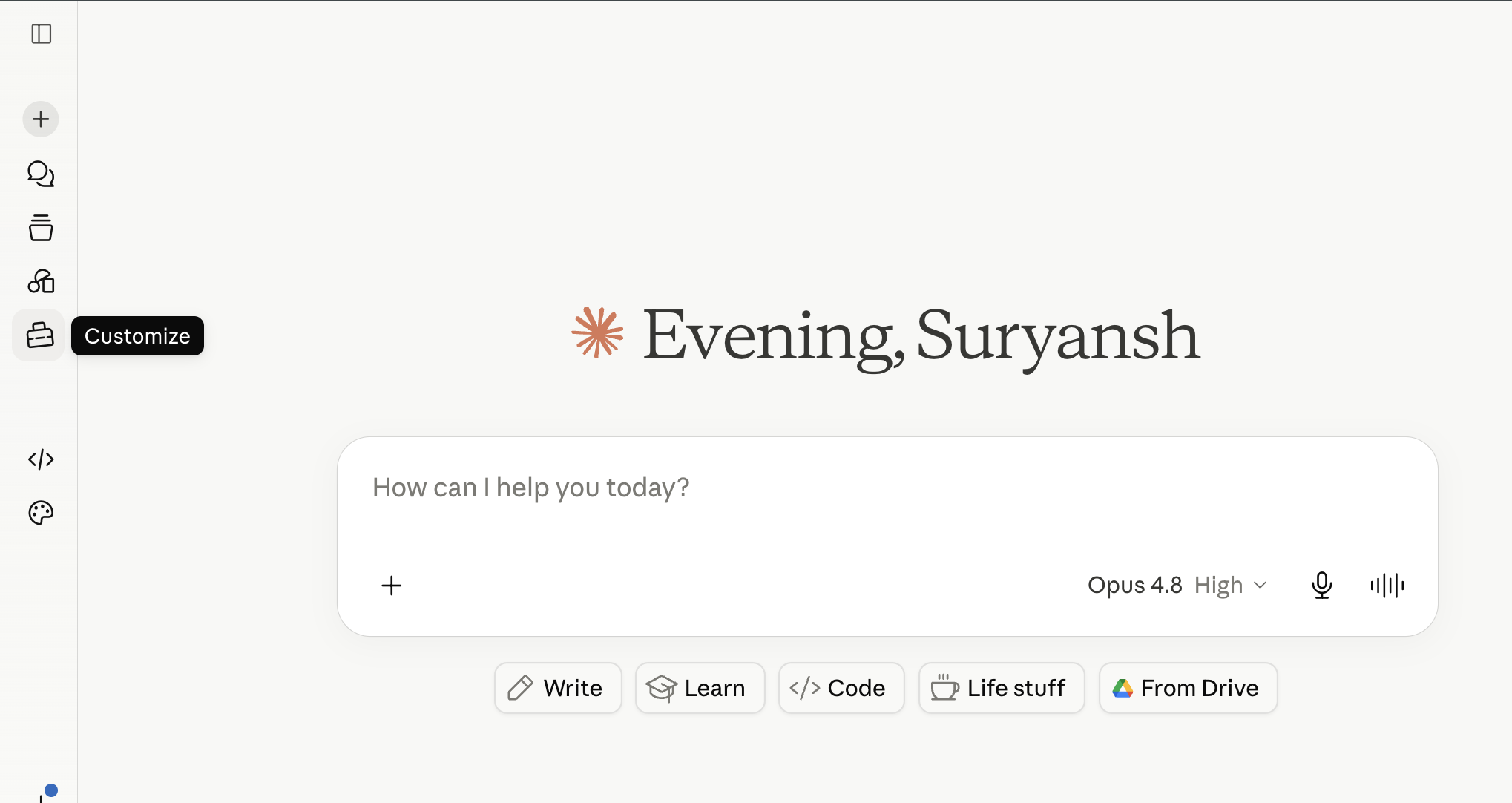 Claude — click the Customize icon in the left sidebar